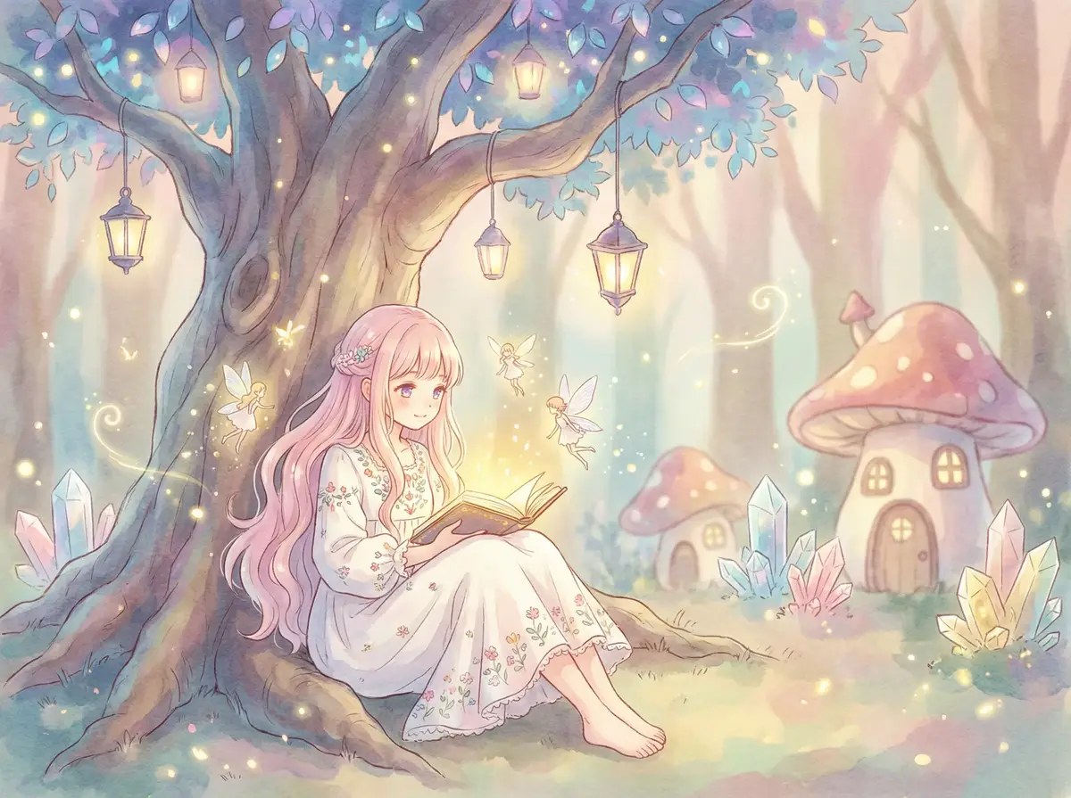 溪水长流 水蜜桃 - 魔法森林中阅读故事书的粉发少女与精灵